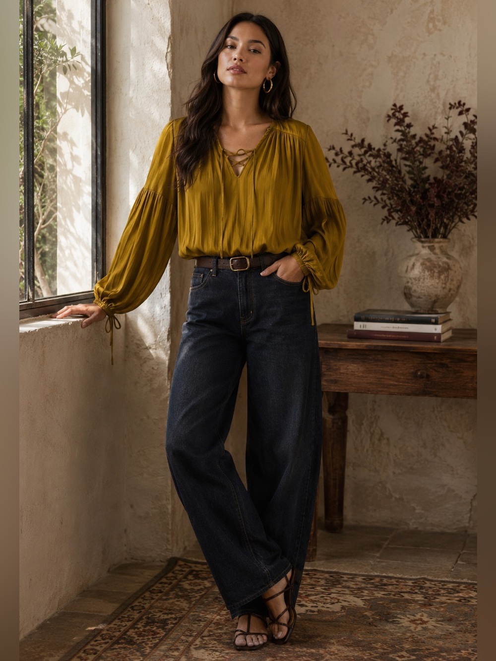 By Anthropologie Lace-Up V-Neck Blouse – Moss – XXS